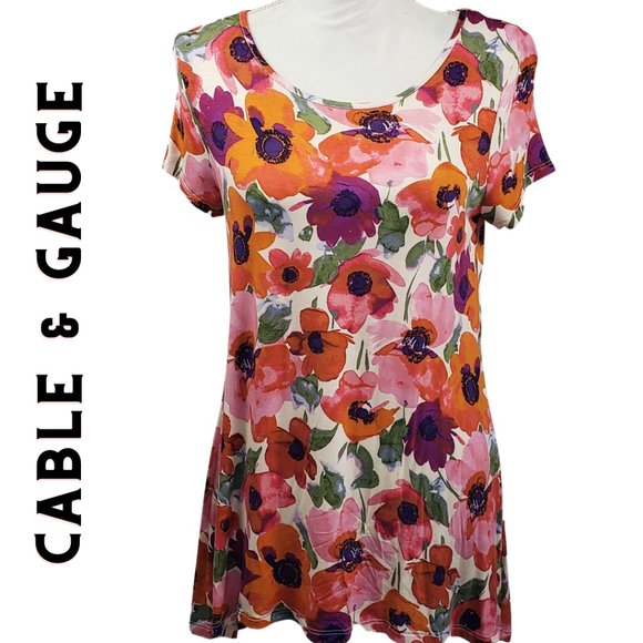 Cable & Gauge Tops - CABLE & GAUGE Vibrant Floral Print Hi Lo Tunic Short Sleeve T Shirt Flowy Top